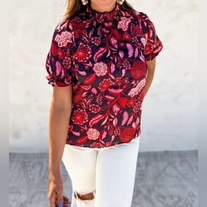 Entro red and pink floral mock neck ruffle sleeve top in sizes medium and large
